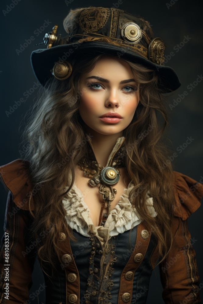 A Woman with Flowing Locks and a Stylish Steampunk Hat and Matching Dress. A woman with long brown hair wearing a steampunk hat and matching dress. A Woman with Flowing Locks and a Stylish Steampunk Hat and Matching Dress. A woman with long brown hair wearing a steampunk hat and matching dress.
