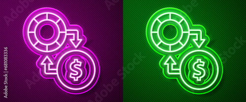 Glowing neon line Casino chips exchange on stacks of dollars icon isolated on purple and green background. Vector