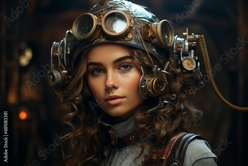 A Stylish Steampunk Adventurer With an Air of Mystery. A woman wearing a steampunk hat and goggles