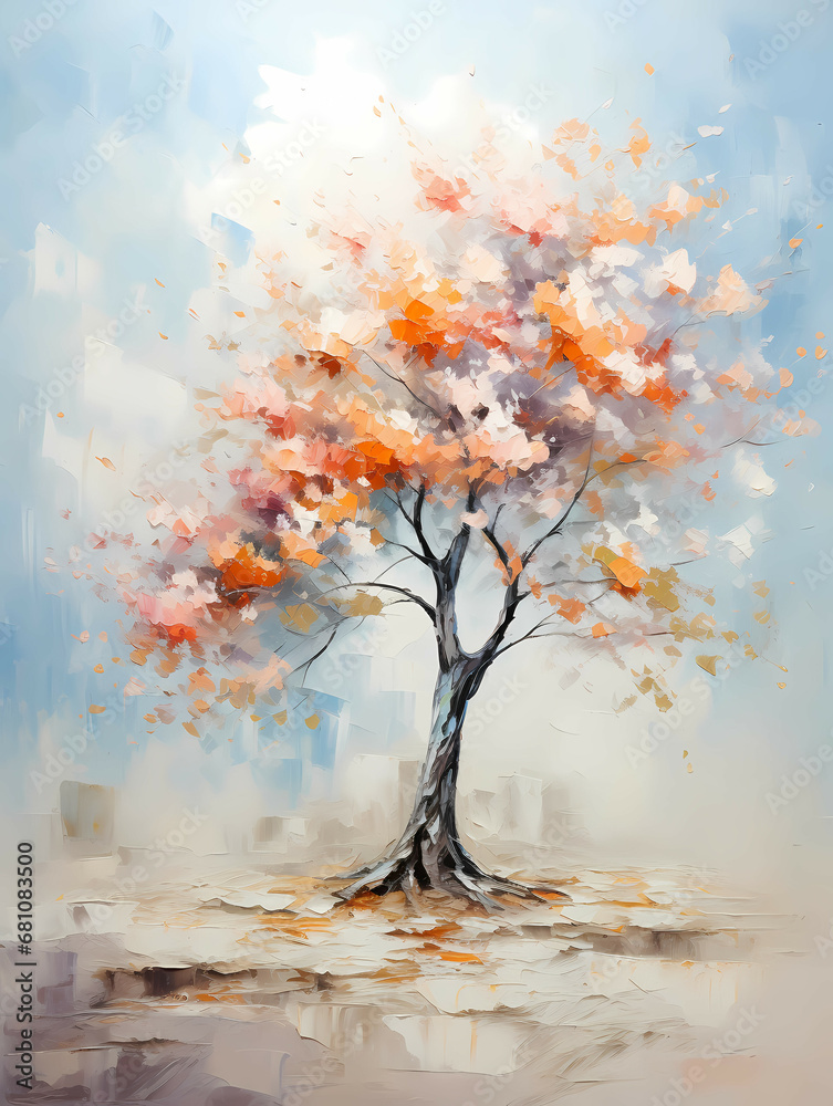 A Painting Of A Tree With Orange Leaves - Small tree in Nursery in autumn