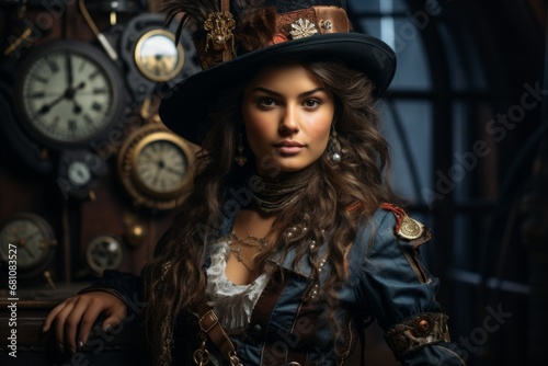A Woman Wearing Steampunk Clothing and a Matching Hat With Clocks in the background: Timeless Elegance in the Modern Era. A woman with a hat and clocks in the background