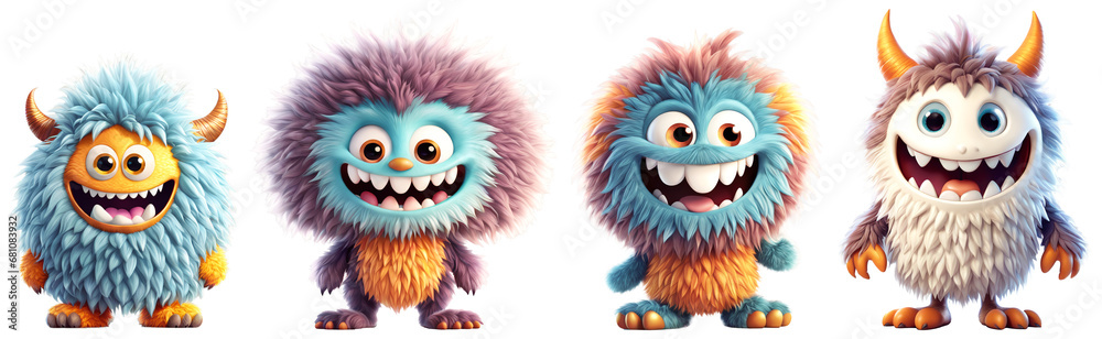 Fototapeta premium Set of funny shaggy furry cheerful monsters with big eyes and smiling mouths with big white teeth, isolated on transparent background. Children's cartoon characters or cute soft toys. Generative AI
