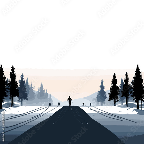 Silhouette of a cross-country skier in a snowy environment photo