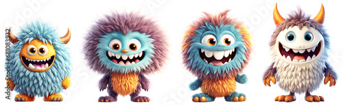 Set of funny shaggy furry cheerful monsters with big eyes and smiling mouths with big white teeth, isolated on transparent background. Children's cartoon characters or cute soft toys. Generative AI