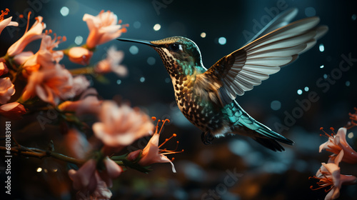 Colibrì con piume colorate e becco lungo vola vicino ai fiori nella foresta photo
