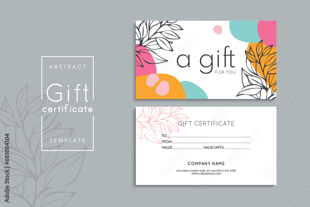 Fototapeta premium Set of colorful gift cards template. Modern style vector illustration of flowers for saloon, gallery, spa, shop. Gift voucher