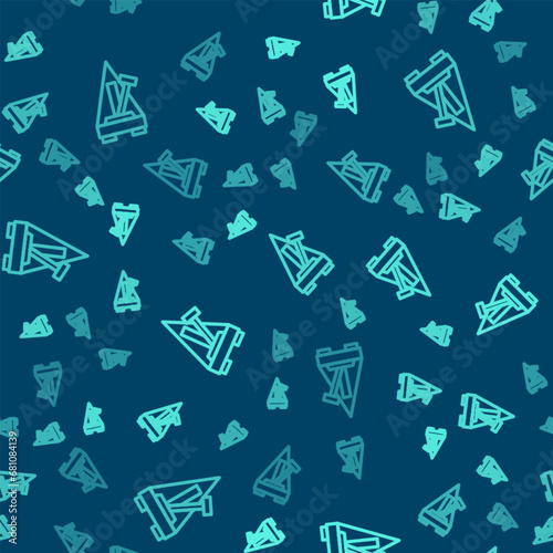 Green line Classic Metronome with pendulum in motion icon isolated seamless pattern on blue background. Equipment of music and beat mechanism. Vector