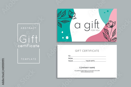 Set of colorful gift cards template. Modern style vector illustration of flowers for saloon, gallery, spa, shop. Gift voucher	
 photo