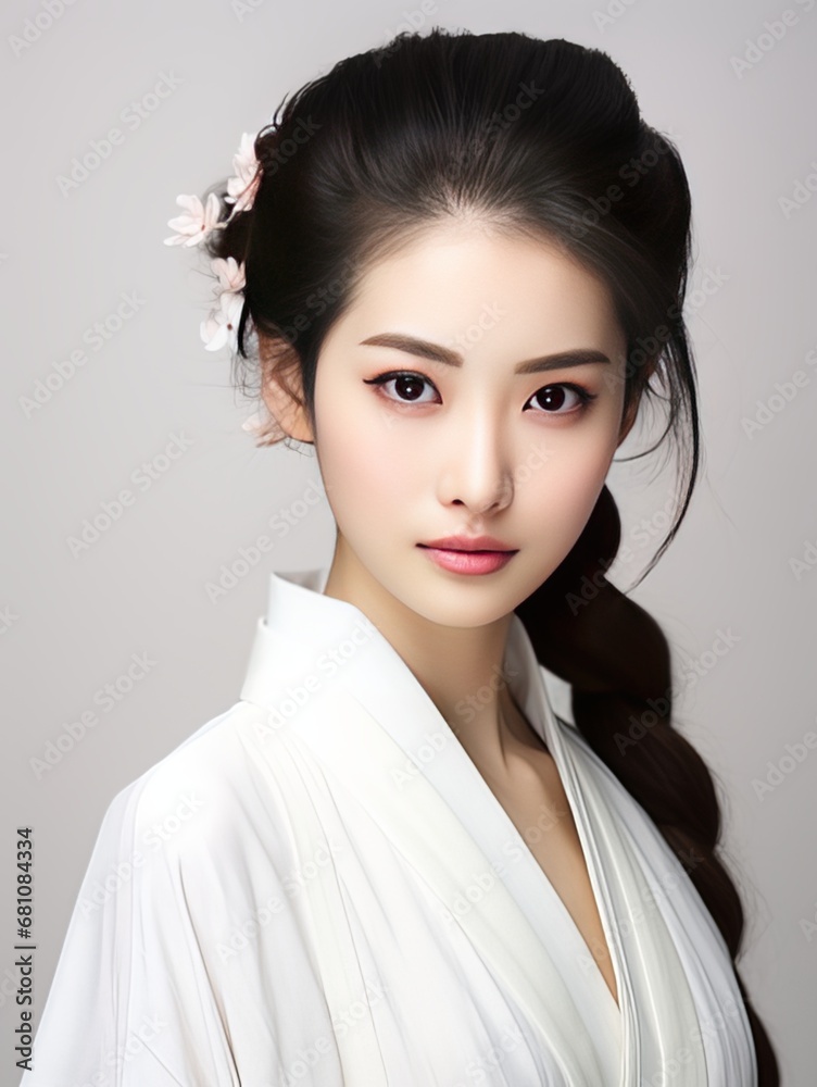 Asian woman with long black braided hair, wearing a white nightgown on a white background Asian woman with long black braided hair, wearing a white nightgown on a white background