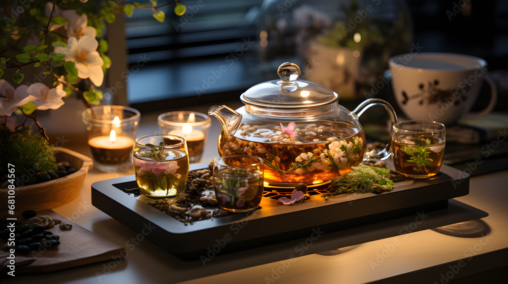 Transparent teapot with tea on a wooden tray
