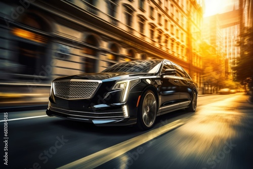 Luxurious Black Limousine Speeding Through the City Streets Generative AI photo