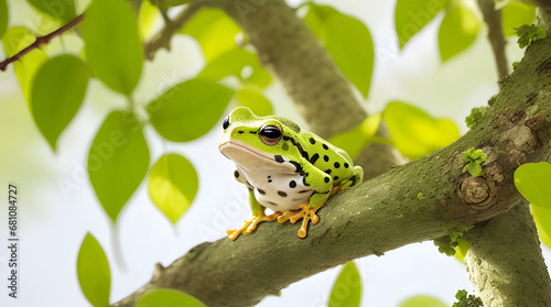 Whimsical Wonderland, A Polka-Dotted Frog's Playful Perch, Enchanting Tree Branches with Joyful Presence photo