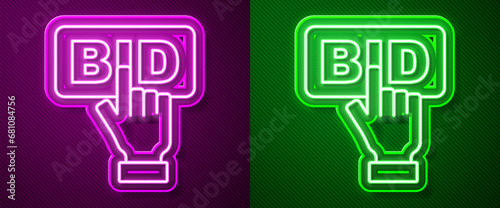 Glowing neon line Bid icon isolated on purple and green background. Auction bidding. Sale and buyers. Vector