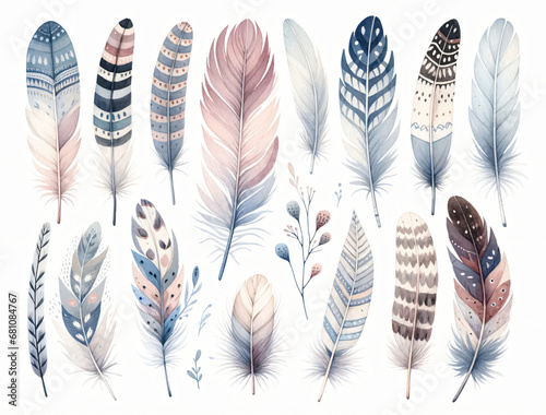 Watercolor a cute bird feathers on white background. © Old Man Stocker