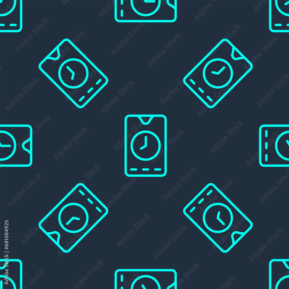 Green line Alarm clock app smartphone interface icon isolated seamless pattern on blue background. Vector Green line Alarm clock app smartphone interface icon isolated seamless pattern on blue background. Vector