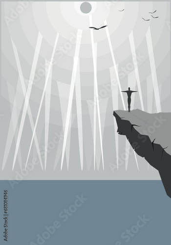 silhouette of man with  hands up on top of the mountain vector illustration