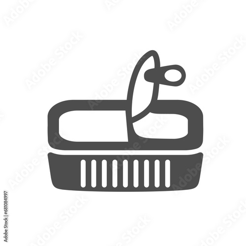 Opened tin can with a pull tab. Black glyph icon. Flat design of aluminum packaging. Metal waste. Fish, meat and conserved food concept. For web site, mobile app, logo template, grocery store decor photo