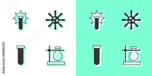 Set Test tube flask on stand, Chemical explosion, and Bacteria icon. Vector