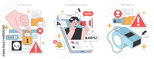Digital Threats set. Information leak with a security breach, deceitful social media misinformation, and a bold act of whistleblowing. Contemporary dangers in the online era. Flat vector illustration