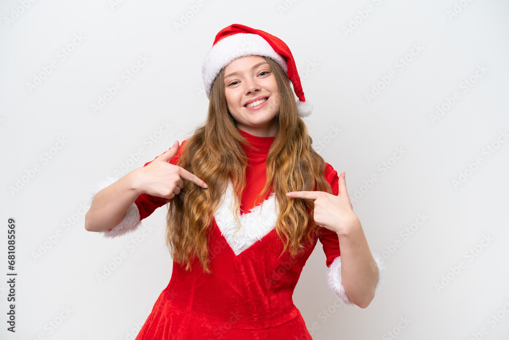 Young caucasian woman with Christmas dress isolated on white background proud and self-satisfied Young caucasian woman with Christmas dress isolated on white background proud and self-satisfied