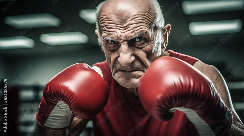 An old man boxer on guard wearing a red tank top and boxe gloves in a combat gym.