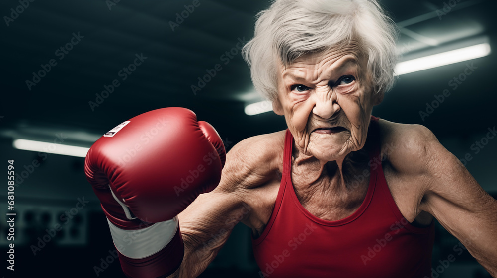 An old woman boxer on guard wearing a red tank top and boxe gloves in a combat gym. An old woman boxer on guard wearing a red tank top and boxe gloves in a combat gym.