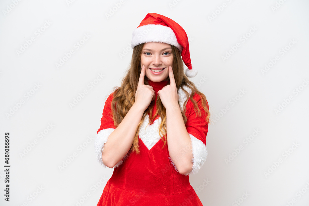 Young caucasian woman with Christmas dress isolated on white background smiling with a happy and pleasant expression Young caucasian woman with Christmas dress isolated on white background smiling with a happy and pleasant expression
