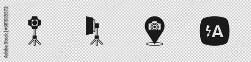 Set Softbox light, , Photo camera and Auto flash icon. Vector