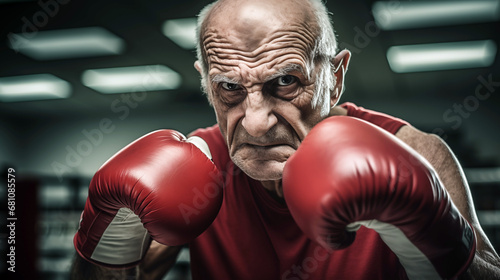 An old man boxer on guard wearing a red tank top and boxe gloves in a combat gym. © Andrea Raffin