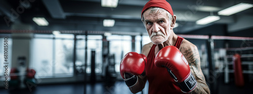 An old man boxer on guard wearing a red tank top and boxe gloves in a combat gym. photo