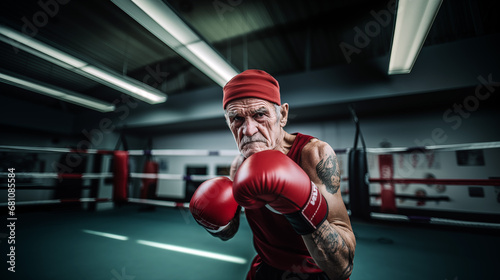 An old man boxer on guard wearing a red tank top and boxe gloves in a combat gym. © Andrea Raffin