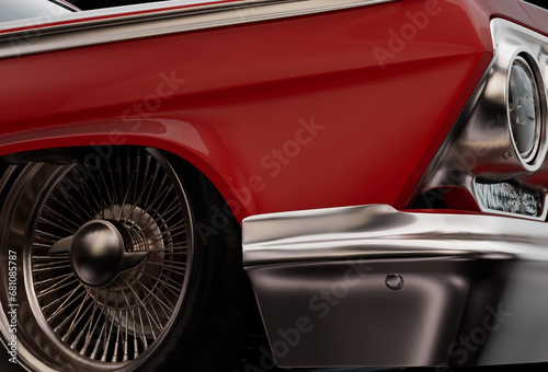 Close Up of Vintage 3D Rendered Classic Car Front Fender and Wheel