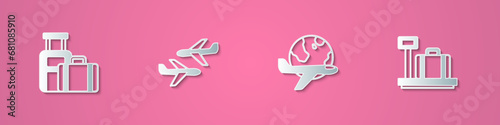 Set paper cut Suitcase, Plane, Globe with flying plane and Scale suitcase icon. Paper art style. Vector