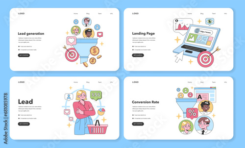 Digital Marketing set. Expert strategies for business growth. Lead generation, Landing Page creation, Salesperson prowess, and Conversion Rate optimization. Flat vector illustration