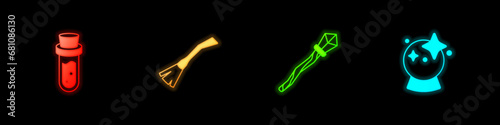 Set Bottle with potion, Witches broom, Magic staff and ball icon. Vector