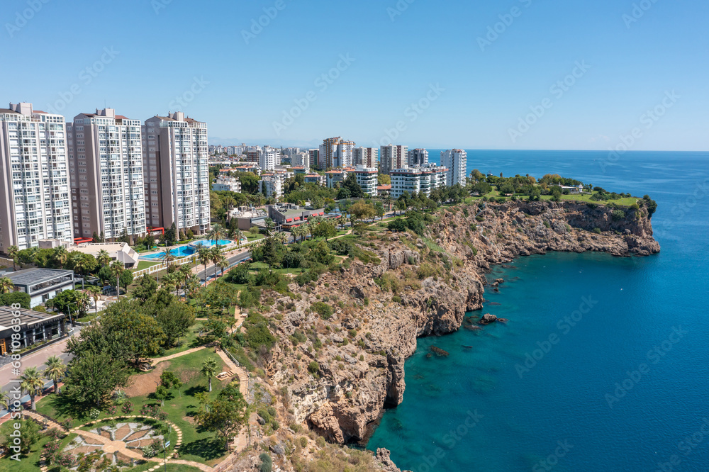 View of an urban area with multi-storey buildings on the rocky coast of a city in Turkey.