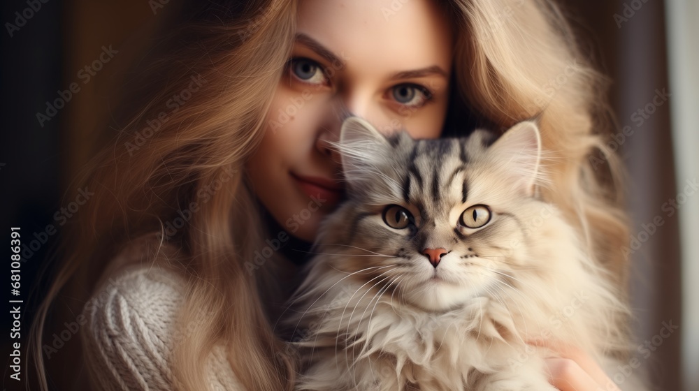 close up Female hugging her cute long hair kitty.Portrait of young woman holding cute siberian cat with green eyes. close up Female hugging her cute long hair kitty.Portrait of young woman holding cute siberian cat with green eyes.