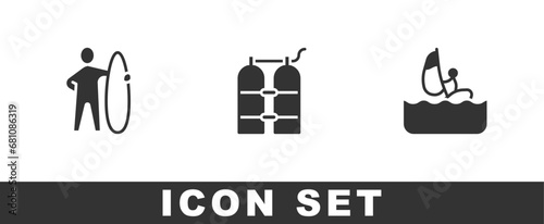 Set Surfboard, Aqualung and Windsurfing icon. Vector