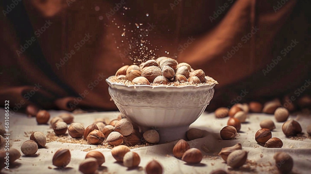 Whole hazelnuts in a bowl and scattered on the table - obrazy, fototapety, plakaty 