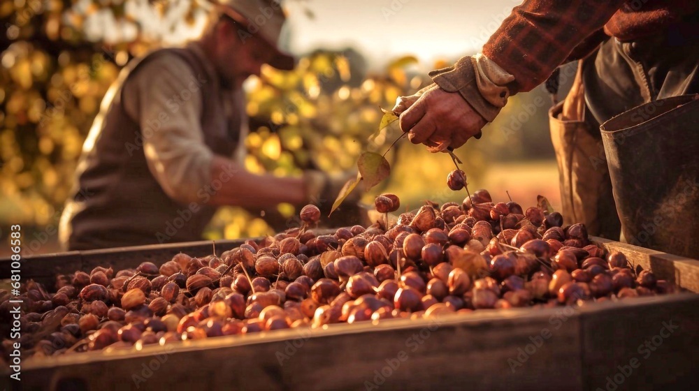 Farmers harvested hazelnuts on the farm in autumn, harvest time - obrazy, fototapety, plakaty 