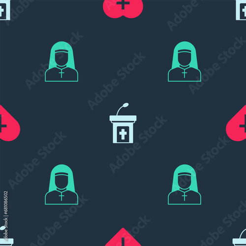 Set Christian cross in heart, Church sermon tribune and Nun on seamless pattern. Vector