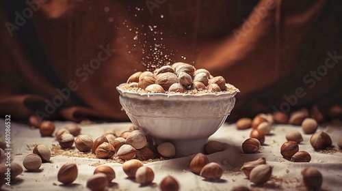 Whole hazelnuts in a bowl and scattered on the table photo