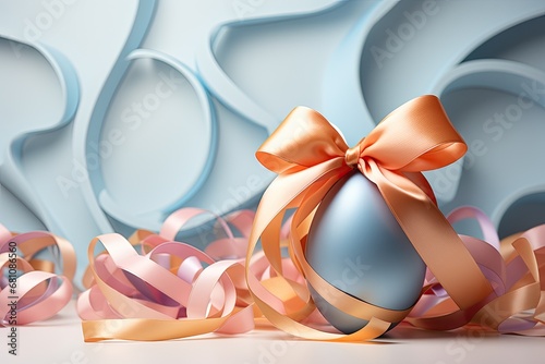 Blue Easter egg with ribbons on an abstract background.