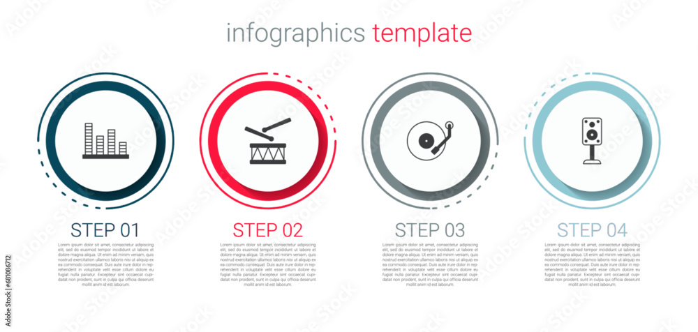 Set Music equalizer, Drum with drum sticks, Vinyl player and Stereo speaker. Business infographic template. Vector Set Music equalizer, Drum with drum sticks, Vinyl player and Stereo speaker. Business infographic template. Vector