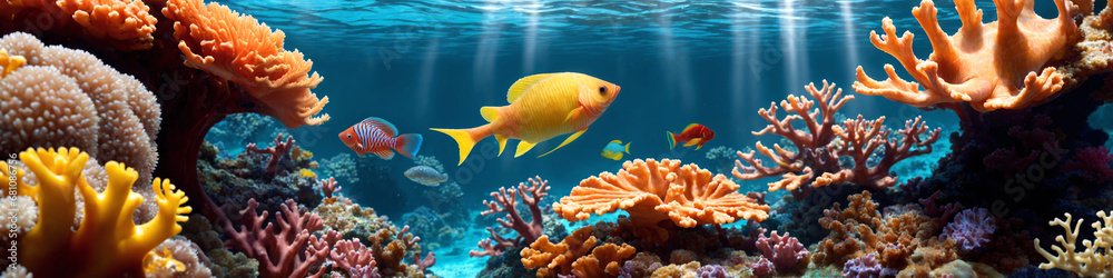 Horizontal banner with ocean reef with colorful corals, tropical fish and sunlight streaming through the sea water. Underwater world beauty illustration. Generative AI