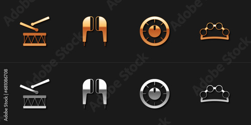 Set Drum with drum sticks, Air headphones, Sound mixer controller and Tambourine icon. Vector
