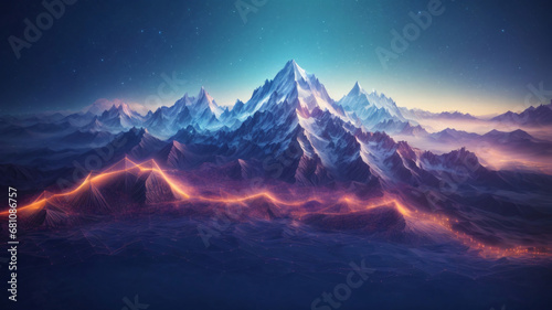 Big Data. Abstract digital mountains range landscape with glowing light dots. Futuristic low poly wireframe illustration on technology blue background. Data mining concept