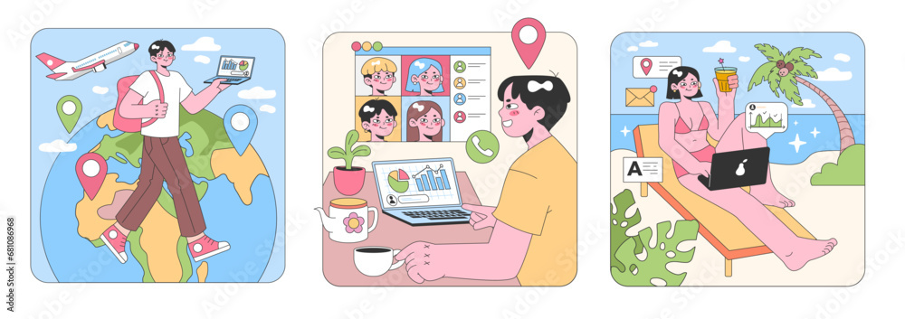 Digital Nomad set. Exploring the world with tech. Virtual team meetups, global connectivity. Relaxed work from beach, travel while working. Flat vector illustration
