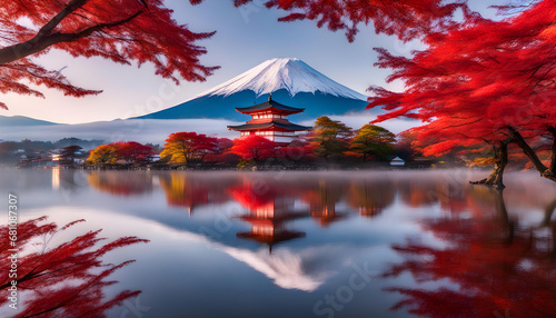 Colorful Autumn Season with morning fog  red leaves and Japanese house in the river