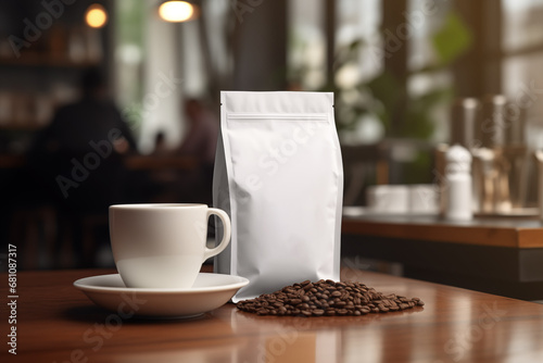 Resealable coffee bag mockup with a cup of coffee in a cozy café or restaurant